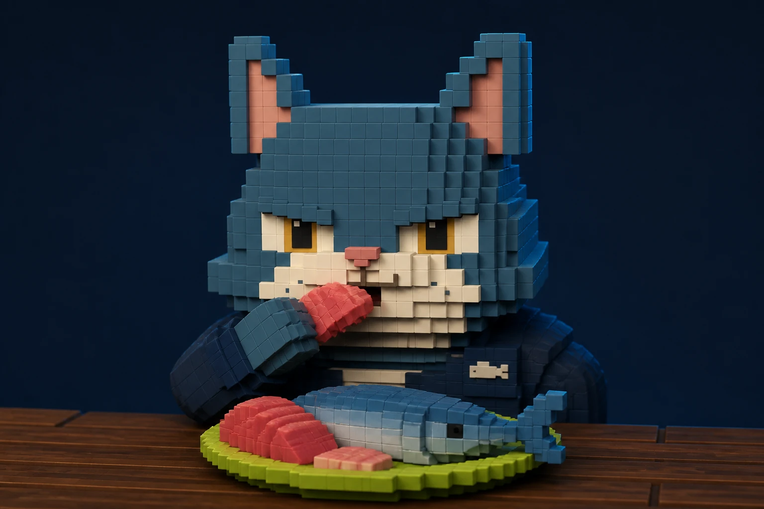 A Tuna Kitty at a wooden table eating tuna from a lime-green plate