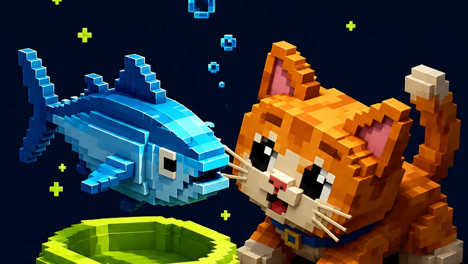 A voxel Kona Kitty about to eat TUNA from its bowl