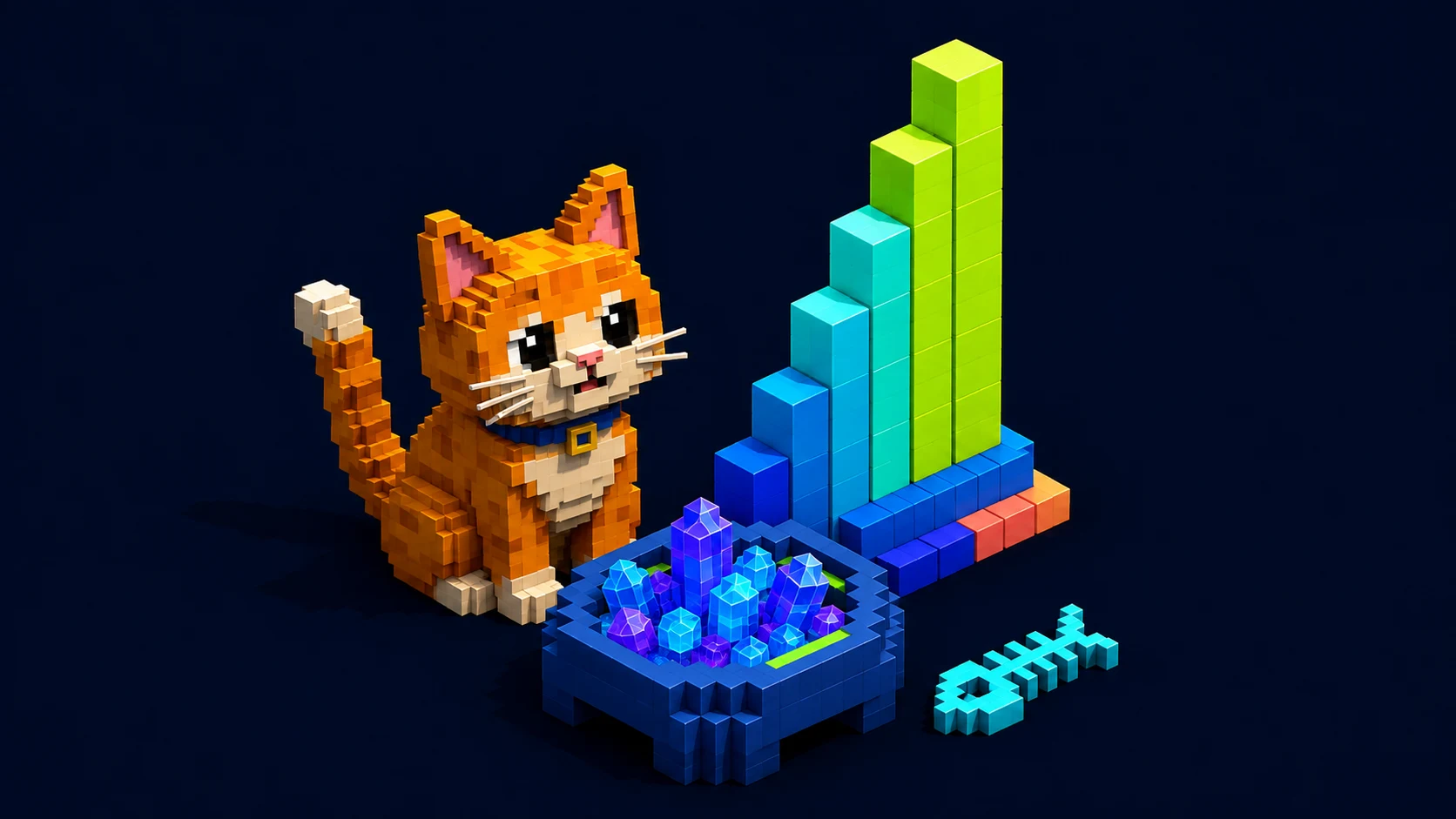 A powered-up voxel Kona Kitty beside an ETH crystal bowl and rising Power meter