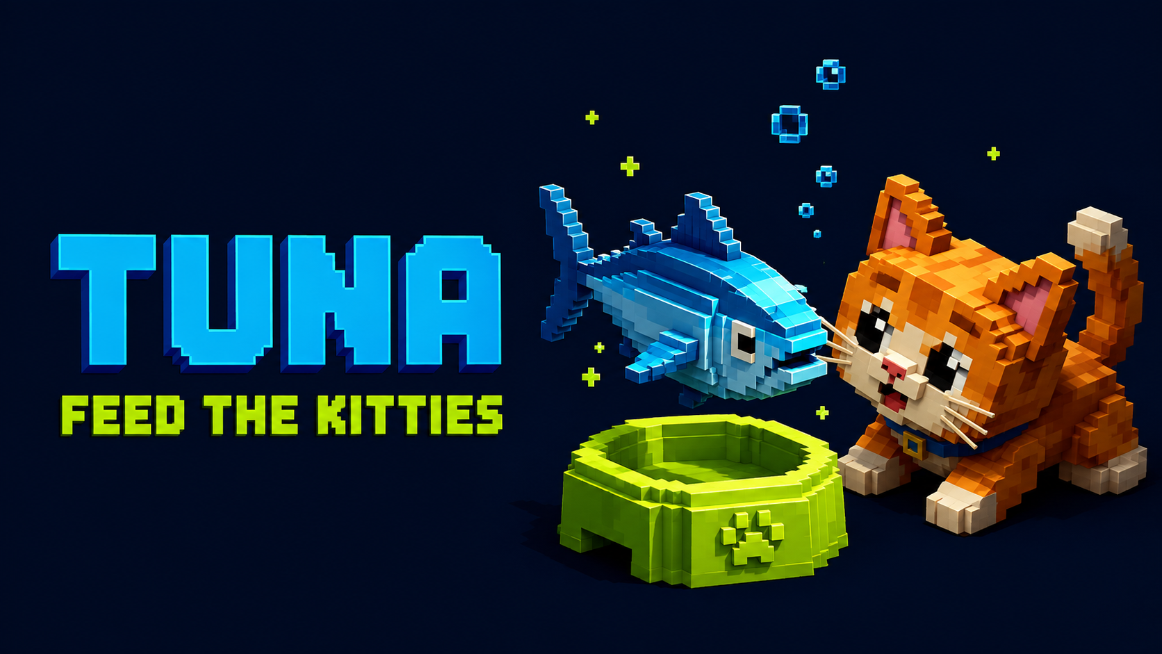 A voxel Kona Kitty eagerly watching a blue tuna hover over its food bowl